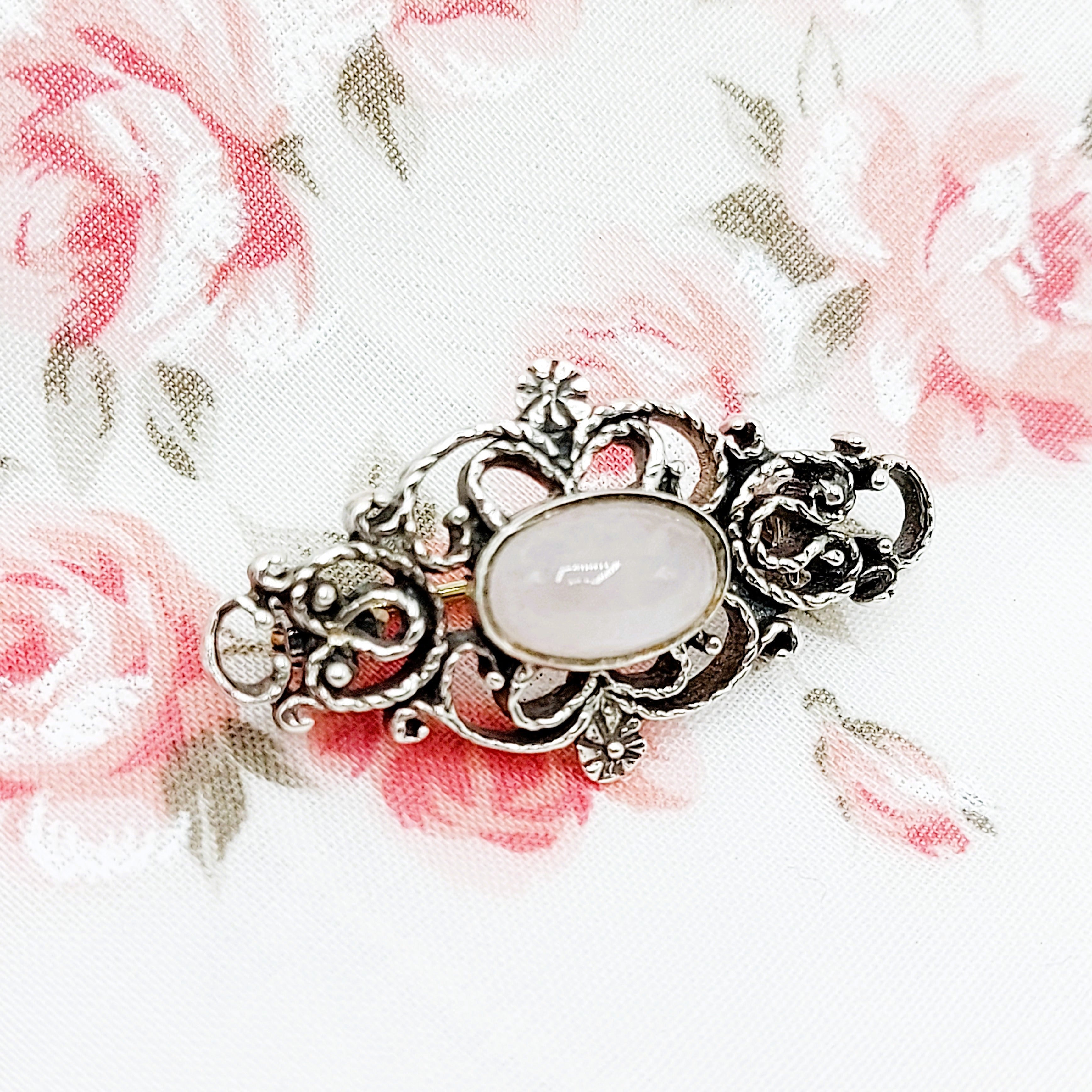 Exquisite Silver Rose Quartz Brooch