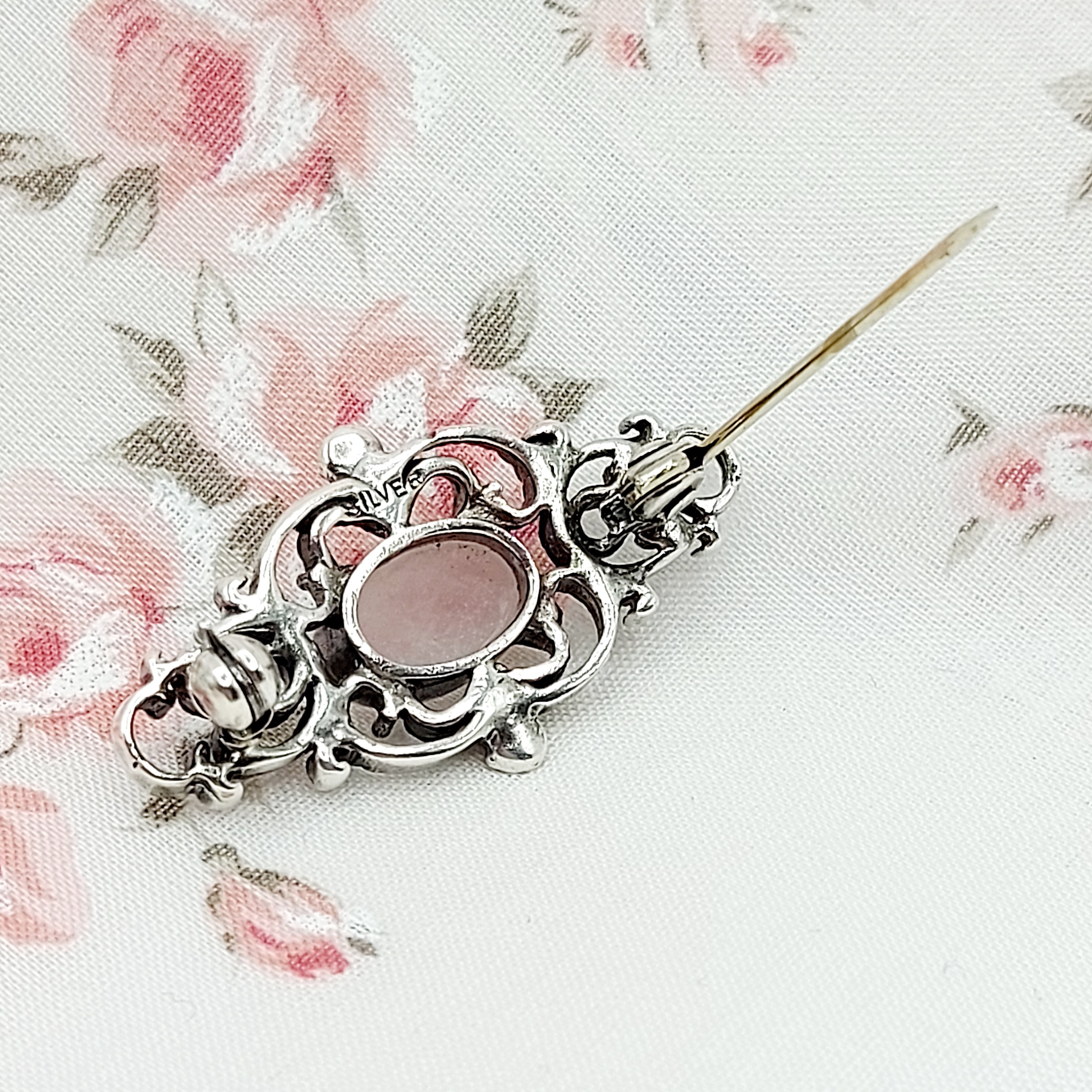 Exquisite Silver Rose Quartz Brooch