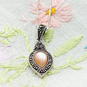 Silver & Marcasite Pink Paste Teardrop Pendant