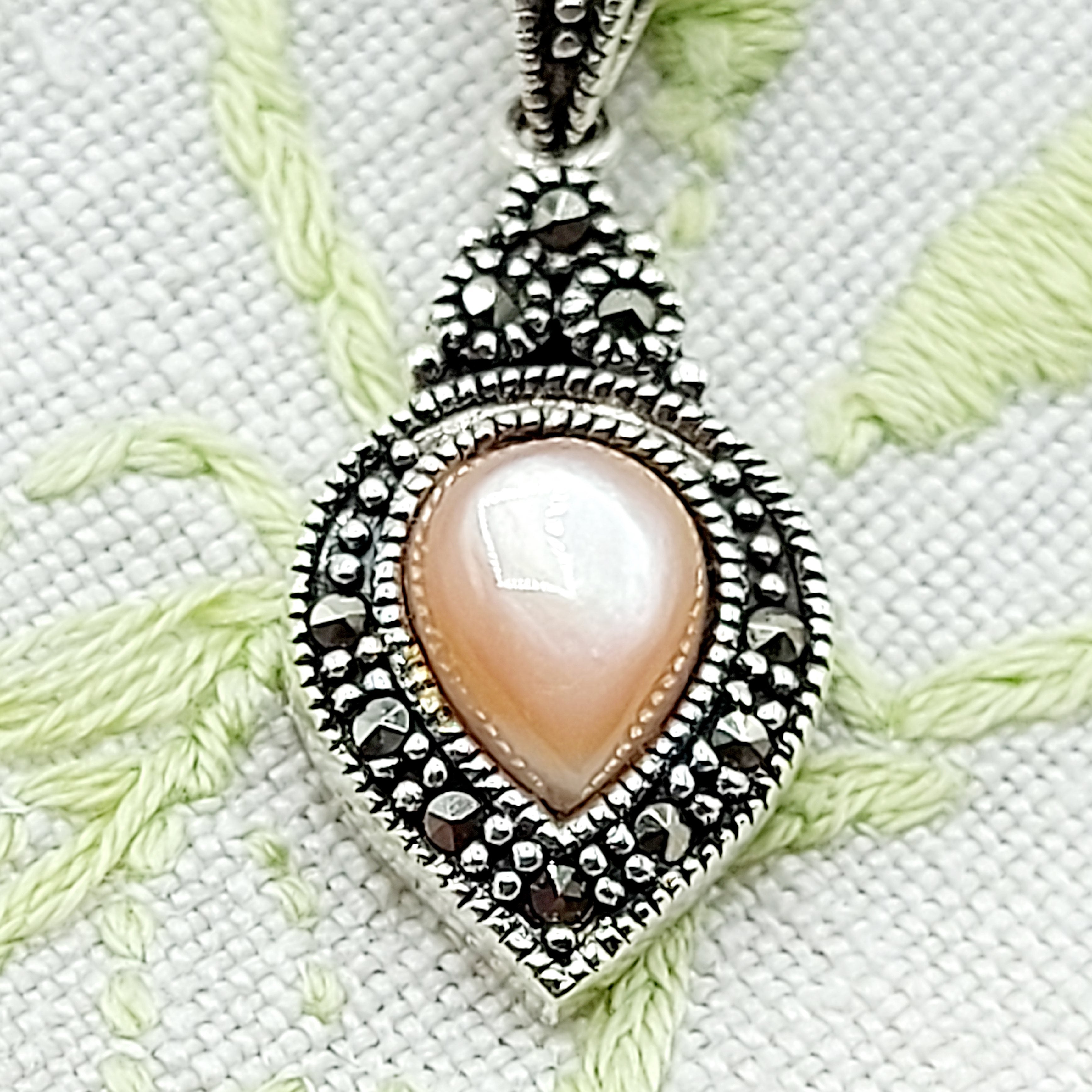 Silver & Marcasite Pink Paste Teardrop Pendant