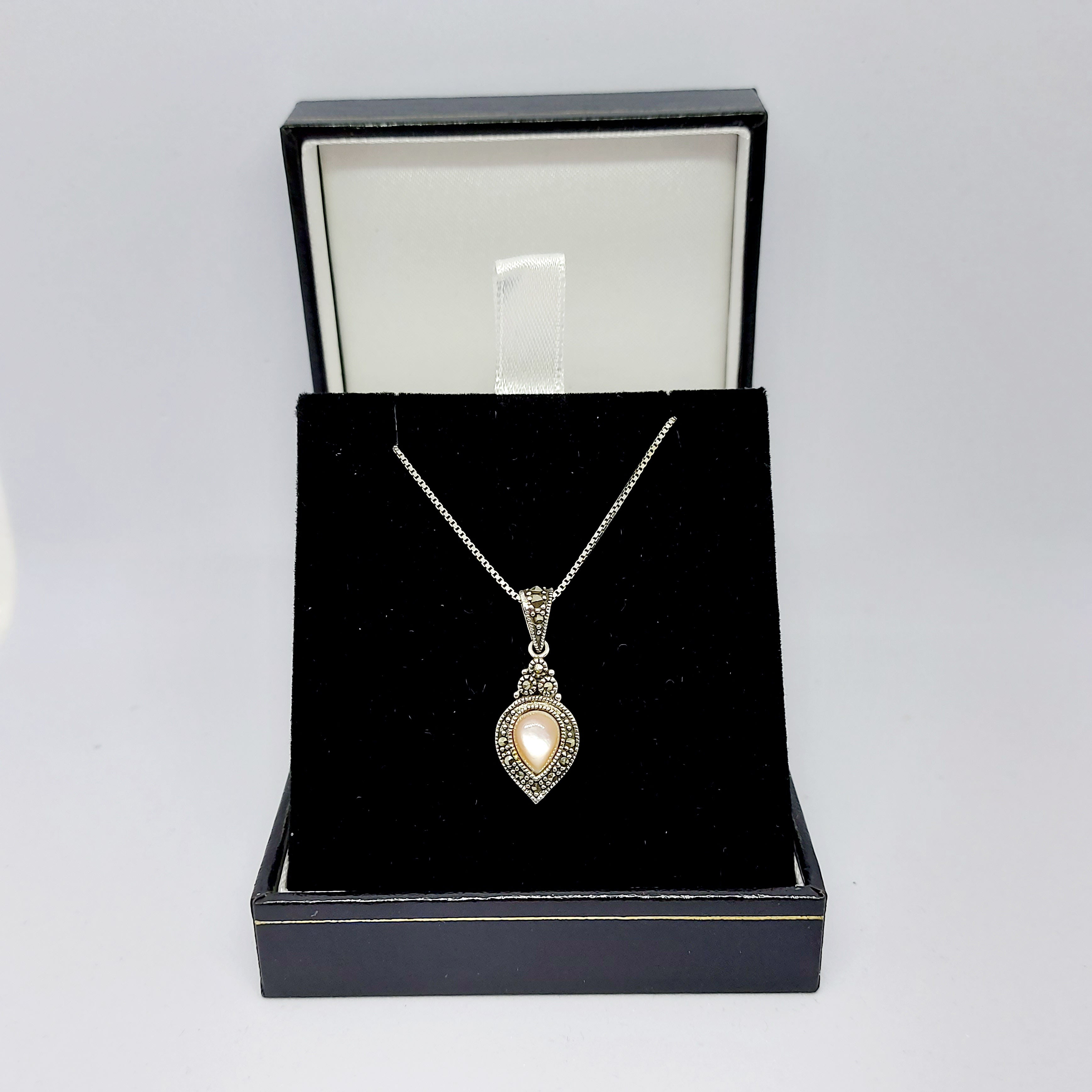 Silver & Marcasite Pink Paste Teardrop Pendant