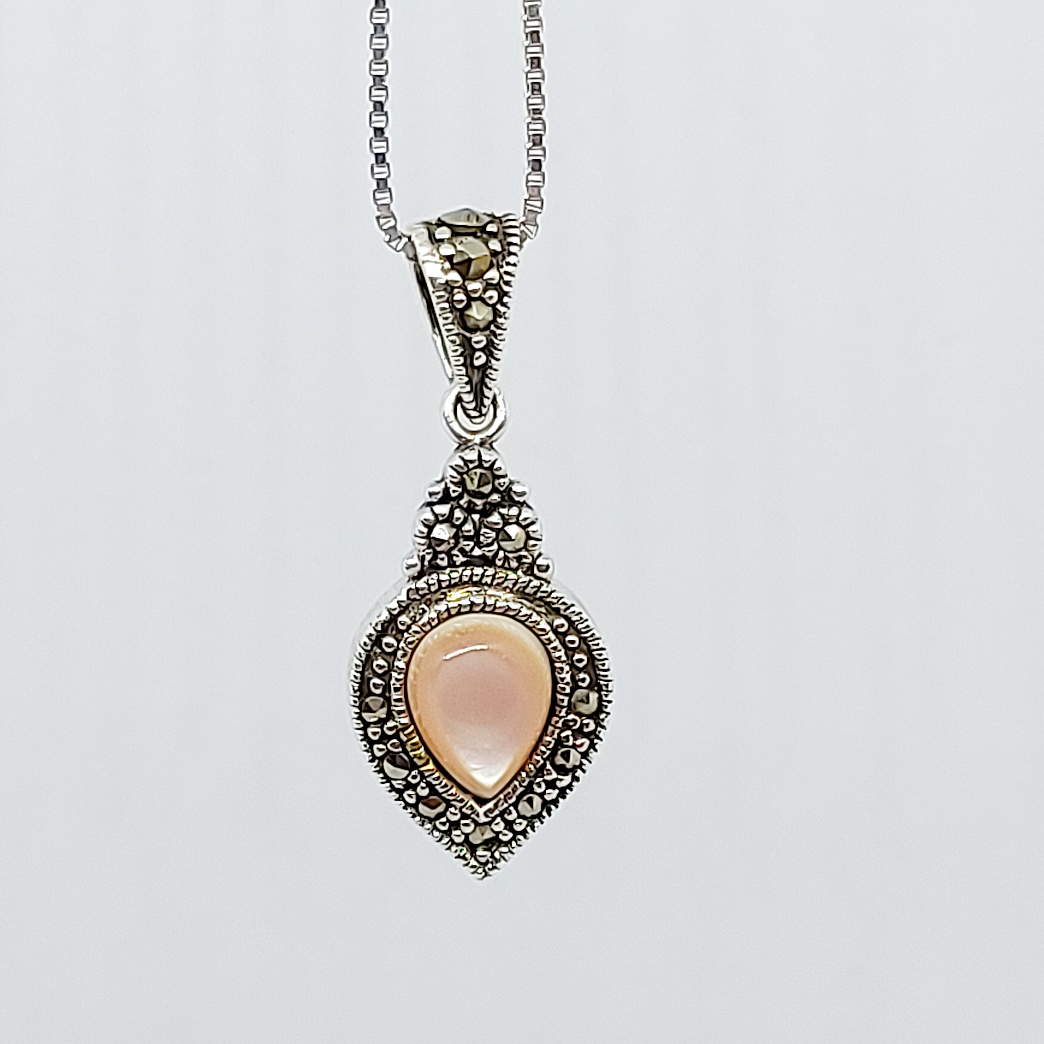 Silver & Marcasite Pink Paste Teardrop Pendant