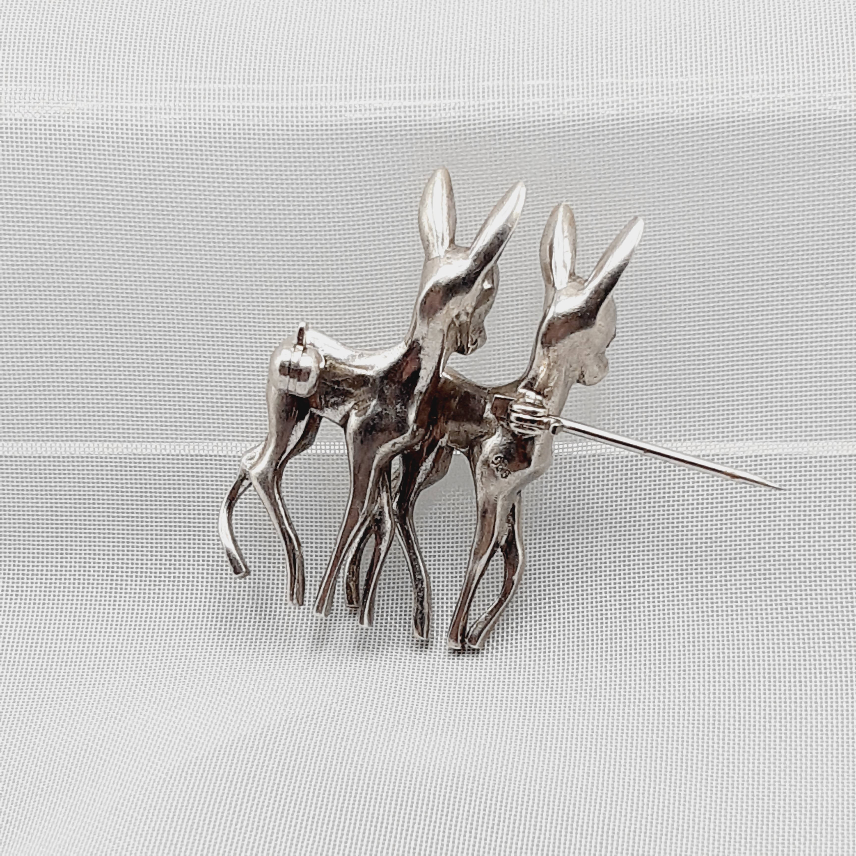 Vintage Silver & Marcasite Twin Deer Brooch