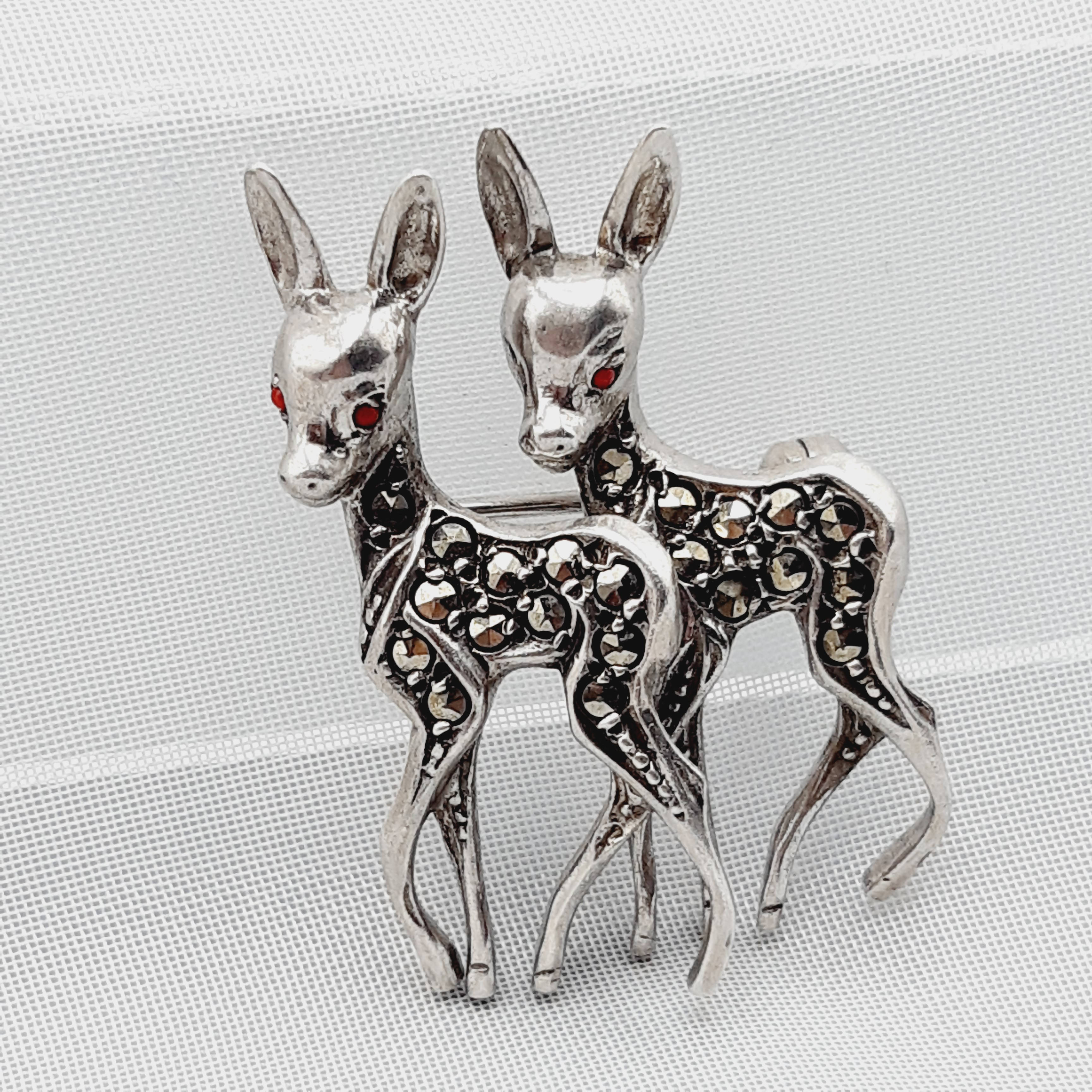 Vintage Silver & Marcasite Twin Deer Brooch