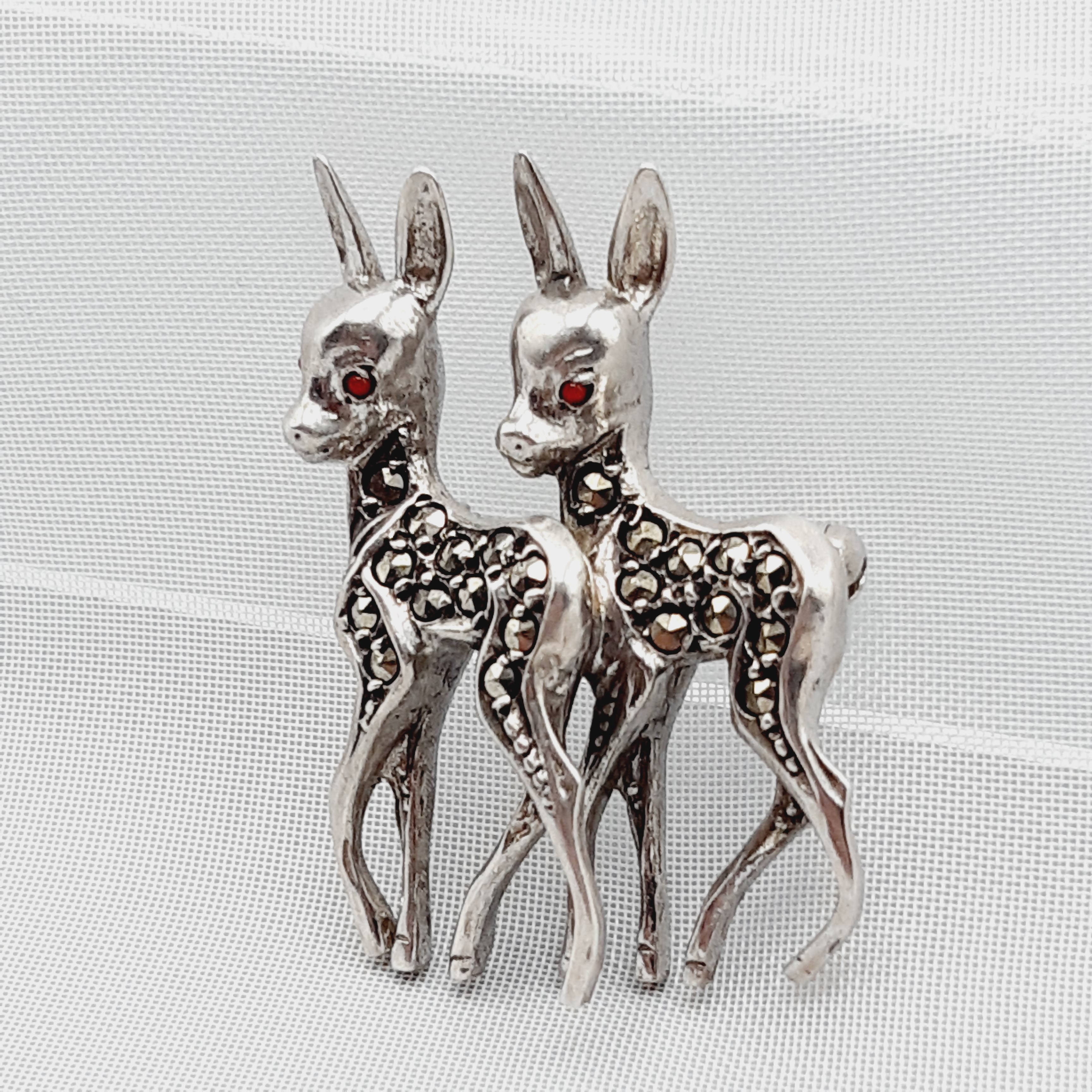 Vintage Silver & Marcasite Twin Deer Brooch