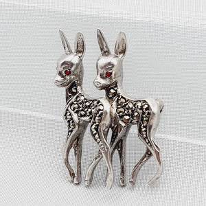 Vintage Silver & Marcasite Twin Deer Brooch