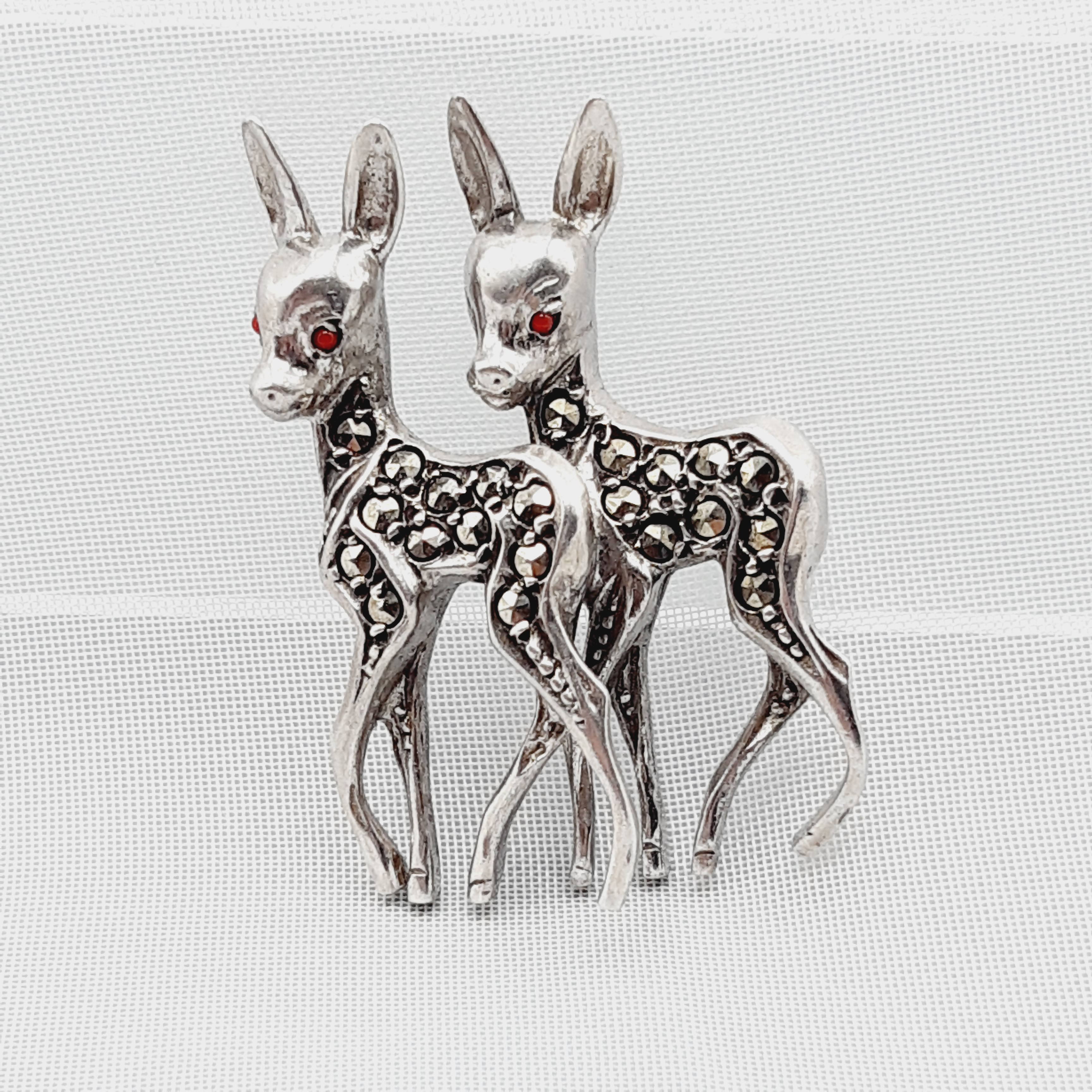 Vintage Silver & Marcasite Twin Deer Brooch